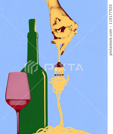 Hand with spaghetti and fork beside green wine bottle and red wine glass. Food experience, set against blue backdrop. Contemporary art collage. Hand with spaghetti and fork beside green wine bottle and red wine glass. Food experience, set against blue backdrop. Contemporary art collage. 119177920