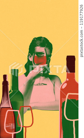 Woman peering through wine glass, bottles standing in foreground. Personal experience and mystery of wine. Contemporary art collage. 119177926