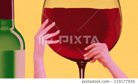 Hand holding giant wine glass filled to the brim. Indulgence and appreciation of wine. Contemporary art collage. Hand holding giant wine glass filled to the brim. Indulgence and appreciation of wine. Contemporary art collage. 119177930