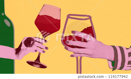 Two hands, each holding glass of red wine, prepare to toast. Moment of celebration. Contemporary art collage. 119177942