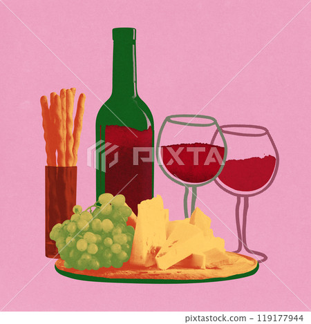 Classic wine set up, bottle, two full glasses, grapes, cheese, and breadsticks on plate. Food harmony. Contemporary art collage. Classic wine set up, bottle, two full glasses, grapes, cheese, and breadsticks on plate. Food harmony. Contemporary art collage. 119177944