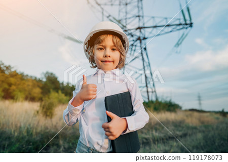 Little boy acting role of engineer or manager with safety helmet. Occupation in electrical industry, serious smart child on electric voltage towers background 119178073