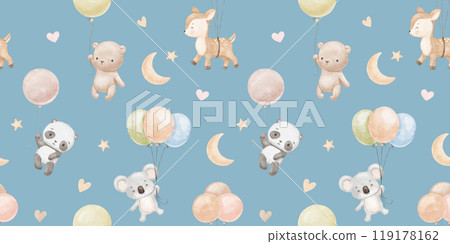Seamless watercolor pattern with cute baby panda, deer and bear with balloons. Animals characters. Hand drawn neutral illustrations on blue background 119178162