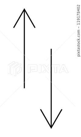 A simple illustration of two black arrows, one pointing up and one pointing down. Ideal for concepts of direction, navigation, opposites, movement, and instructional design. Minimalist, clear, bold. 119178402