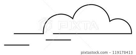 Abstract, minimalistic black lines form a cloud with parallel horizontal lines. Ideal for weather app, web design, logo, icon set, digital art. Simple line art style. 119178413