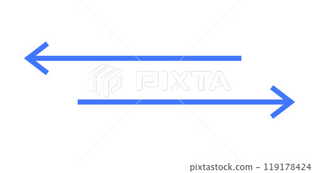 Two blue arrows pointing in opposite directions on a white background. Ideal for communication, data transfer, connection, direction, technology. Flat style minimalistic and clean. Emphasizes Two blue arrows pointing in opposite directions on a white background. Ideal for communication, data transfer, connection, direction, technology. Flat style minimalistic and clean. Emphasizes 119178424