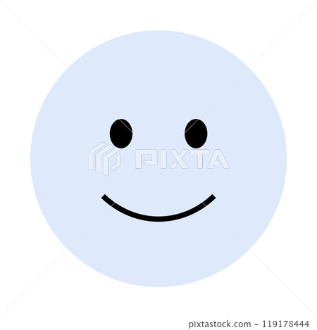 A minimalist happy face with a light blue background. The face has two black eyes and a curved happy. Ideal for expressing positivity, conveying happiness, friendly messages, playful themes 119178444