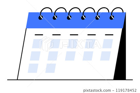 A minimalist, spiral-bound desk calendar with a blue header and white pages. Ideal for scheduling, time management, planning, appointments, and event tracking. Simple vector style. 119178452