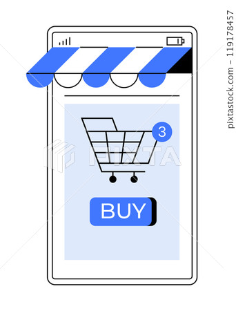 Depicting a mobile screen with a storefront canopy, shopping cart icon having notification, and BUY button. Ideal for e-commerce, online shopping, mobile apps, digital marketing, user interface Depicting a mobile screen with a storefront canopy, shopping cart icon having notification, and BUY button. Ideal for e-commerce, online shopping, mobile apps, digital marketing, user interface 119178457