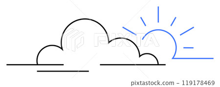 Simple line art of a cloud with sun rays. Ideal for weather forecasts, climate analysis, mobile weather apps, children s learning materials, and design projects. Minimalist style. Simple line art of a cloud with sun rays. Ideal for weather forecasts, climate analysis, mobile weather apps, children s learning materials, and design projects. Minimalist style. 119178469