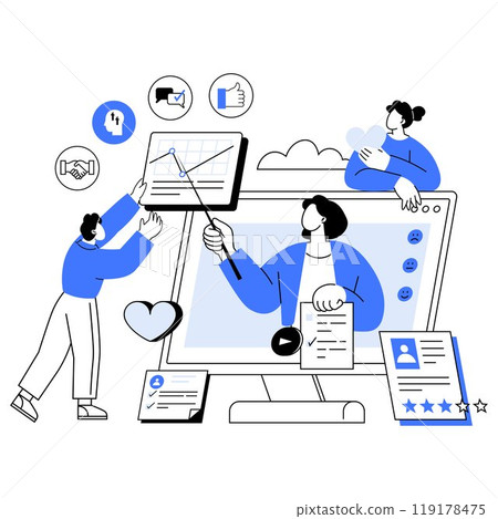Digital elements like people interacting with charts and documents on screen. Ideal for remote work team collaboration online education digital engagement and project management communication clean Digital elements like people interacting with charts and documents on screen. Ideal for remote work team collaboration online education digital engagement and project management communication clean 119178475