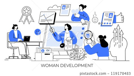 Woman working on laptop while other women engage in various professional activities such as reviewing resumes and analyzing data. Ideal for career growth, professional development, women empowerment 119178483