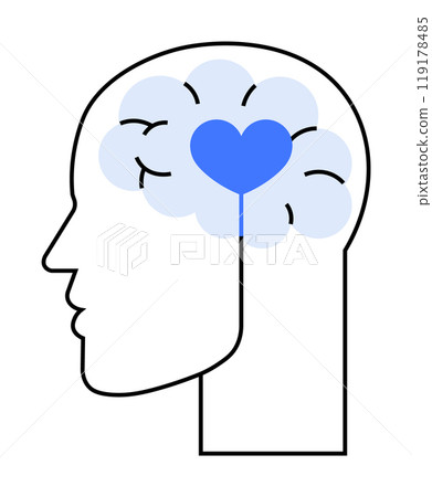 Outline of a human head with brain and heart icons. Ideal for mental health awareness, emotional intelligence, psychology, healthcare, wellness programs. Clean, modern vector style. 119178485