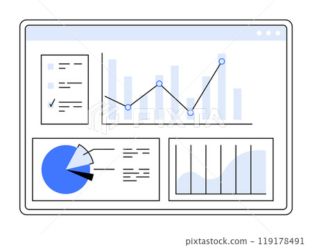 Computer screen displaying various data charts and graphs. Ideal for business, finance, analytics, data visualization, reporting. Clean, minimalist design. 119178491