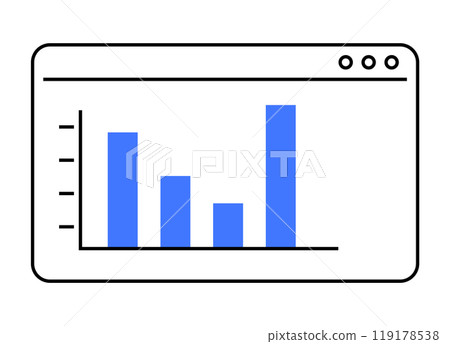 Simple bar graph with blue bars within browser window outline. Three bars of varying heights against white background. Ideal for data analytics, business presentations, statistics, finance, web design Simple bar graph with blue bars within browser window outline. Three bars of varying heights against white background. Ideal for data analytics, business presentations, statistics, finance, web design 119178538