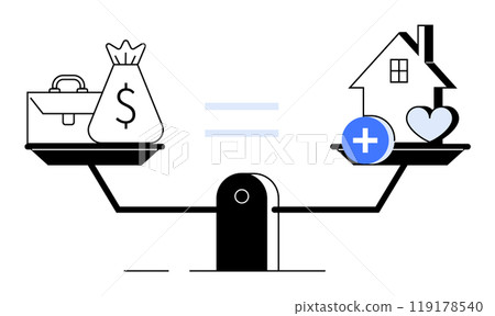 Balanced scale with a money bag and briefcase on one side, a house and heart on the other. Ideal for work-life balance, finance management, health, home, and equality themes. Minimalist vector style. Balanced scale with a money bag and briefcase on one side, a house and heart on the other. Ideal for work-life balance, finance management, health, home, and equality themes. Minimalist vector style. 119178540