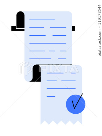 Blue and white printed receipts with a checkmark signify accurate transactions. Ideal for accounting, finance, business records, audits, and receipts. Simple modern style. 119178544