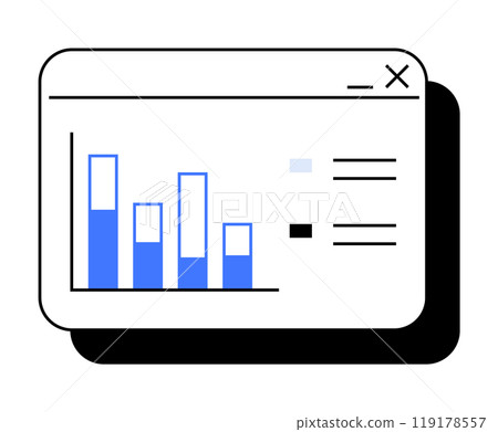 Window with blue bar graph represents data analysis and reporting. Ideal for business analytics, finance, statistics, data visualization, tech interfaces. Modern minimalist style, emphasizing clarity. 119178557