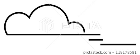 A cloud outlined with simple black lines, accompanied by three horizontal lines suggesting wind movement. Ideal for weather forecasts, nature themes, minimal designs, environmental awareness 119178581
