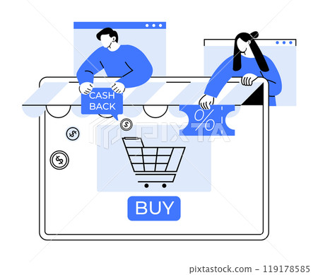 Simplistic vector-style image of an online shopping cart and BUY button. Two individuals display Cashback and percentage icons, suggesting promotions. Ideal for e-commerce, marketing, retail Simplistic vector-style image of an online shopping cart and BUY button. Two individuals display Cashback and percentage icons, suggesting promotions. Ideal for e-commerce, marketing, retail 119178585
