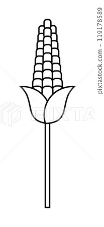 Corn on a stalk with a husk is visible. Ideal for agriculture, food, farming, organic produce, and nutrition. Minimalist vector style. Simple and clean lines with monochromatic colors, mainly black Corn on a stalk with a husk is visible. Ideal for agriculture, food, farming, organic produce, and nutrition. Minimalist vector style. Simple and clean lines with monochromatic colors, mainly black 119178589