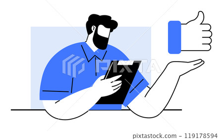 A bearded man holds a clipboard, gesturing towards a thumbs-up symbol. Ideal for team feedback, business approvals, professional reviews, client satisfaction, and positive evaluation. Minimalist 119178594