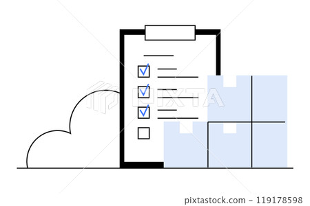A checklist with marked items is nearby beside three stacked packed boxes and a cloud icon. Ideal for inventory management logistics planning supply chain operations and organization efficiency 119178598