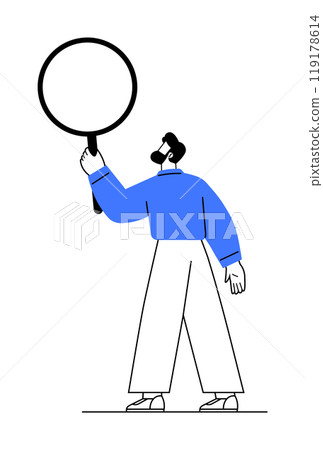 A person in a blue sweater holding a magnifying glass, symbolizing exploration, search, analysis, investigation, and discovery. Minimalist vector style. Ideal for research, inquiry, detective work 119178614