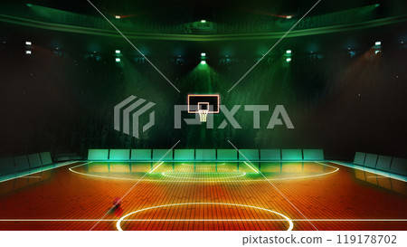 Basketball court bathed in green light, with single basketball at center of illuminated court. 3D render of stadium 119178702