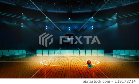 Basketball court illuminated by spotlights, with crowd of spectators cheering in background. 3D render of stadium 119178714