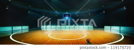 Basketball court in blue and green light, with single basketball at t center of illuminated court. 3D render of stadium. Banner Basketball court in blue and green light, with single basketball at t center of illuminated court. 3D render of stadium. Banner 119178720