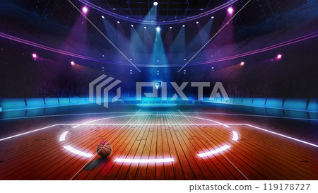 Basketball court bathed in vibrant neon lights, with single basketball resting at center of illuminated court. 3D render of stadium 119178727