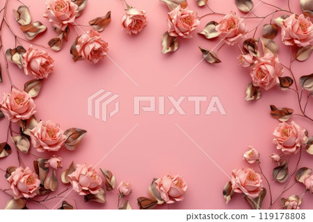 Golden roses on pink background. Card or poster with empty space for text. Birthday Valentines day cart top view 119178808