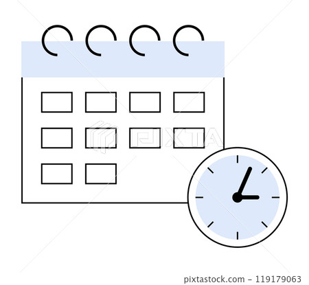 Simple depiction of a calendar with a clock at the bottom signifies time management and scheduling. Ideal for business planning, appointments, deadlines, productivity, and organization. Minimalist 119179063