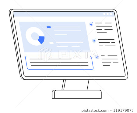 Computer monitor displaying a dashboard with a pie chart, checklists, and textual information. Ideal for tech, analytics, management, productivity, user interface, data visualization. Minimalist, mode Computer monitor displaying a dashboard with a pie chart, checklists, and textual information. Ideal for tech, analytics, management, productivity, user interface, data visualization. Minimalist, mode 119179075