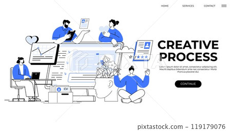 Professionals working on laptops and mobile devices, sharing ideas, nurturing creativity. Ideal for teamwork, productivity, technology, professional development, creative inspiration. Illustrative 119179076