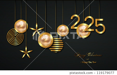 Christmas luxury holiday banner with gold handwritten Merry Christmas and 2025 Happy New Year greetings and gold colored Christmas balls. Vector illustration isolated on black background 119179077