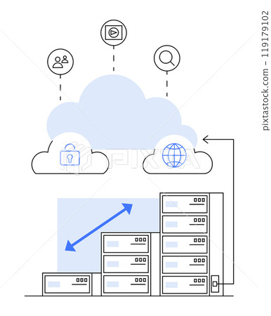 A central cloud icon connected to various data security and analytics icons, with data servers below. Ideal for technology, data storage, cloud computing, data security, and IT infrastructure themes A central cloud icon connected to various data security and analytics icons, with data servers below. Ideal for technology, data storage, cloud computing, data security, and IT infrastructure themes 119179102