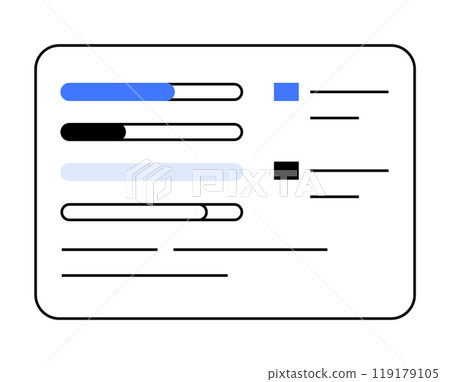 A minimalistic design illustrating a user interface with three progress bars of varying lengths. Ideal for technology, data visualization, productivity tools, project management, and software UI 119179105