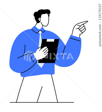 A man with a clipboard and tie is pointing. Ideal for presentations, business meetings, analysis, manager training, and corporate strategies. Simple vector style. 119179107