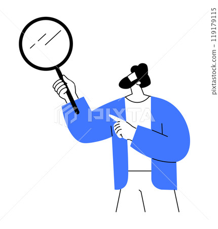 Man with black hair holding a magnifying glass and pointing. He wears a blue shirt and gray pants. Ideal for themes like research, searching, guidance, exploration, and investigation. Minimalist flat Man with black hair holding a magnifying glass and pointing. He wears a blue shirt and gray pants. Ideal for themes like research, searching, guidance, exploration, and investigation. Minimalist flat 119179115