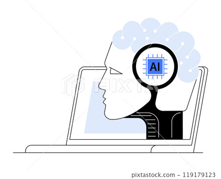 A human head with a brain symbol interlinked to a microchip labeled AI inside a laptop. Ideal for technology, artificial intelligence, human-computer interaction, future concepts, and cognitive 119179123