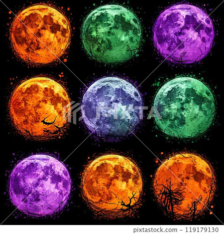 A sketch of a multi-colored Halloween full moon on a dark background A sketch of a multi-colored Halloween full moon on a dark background 119179130