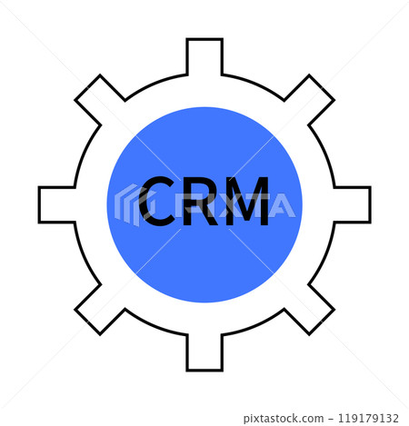A blue gear symbol with the acronym CRM in the center emphasizes Customer Relationship Management. Ideal for business operations marketing sales customer service and automation. Simple modern design. 119179132