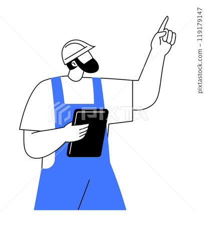 A construction worker wearing a hard hat and blue overalls holds a tablet and points upwards with one finger. Ideal for construction, safety, engineering, architecture, project management. Simple A construction worker wearing a hard hat and blue overalls holds a tablet and points upwards with one finger. Ideal for construction, safety, engineering, architecture, project management. Simple 119179147