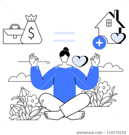 Woman meditating outdoors with nature and flower background. Symbols of money and house with hearts suggest balance between wealth and health. Ideal for relaxation, work-life balance, mental 119179150