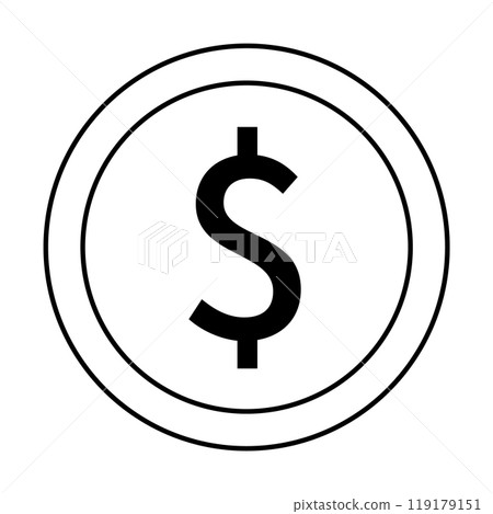 Black dollar sign centered within a circle resembling a coin. Ideal for finance, banking, currency, savings, and economic concepts. Simple lines and monochrome colors give a minimalist style 119179151