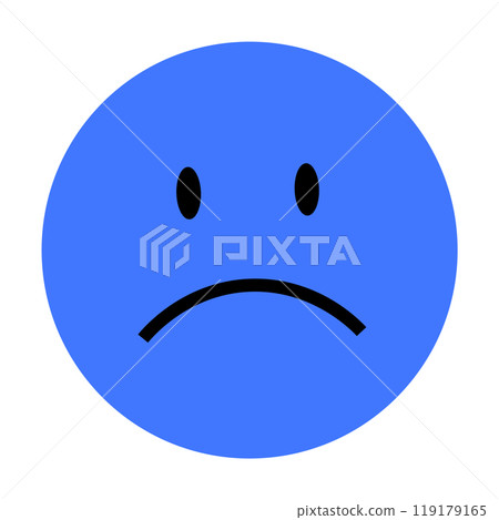A simple blue circular face with a sad expression, featuring two black oval eyes and a downturned black mouth. Ideal for expressing sadness, disappointment, unhappiness, emotional states, mood 119179165
