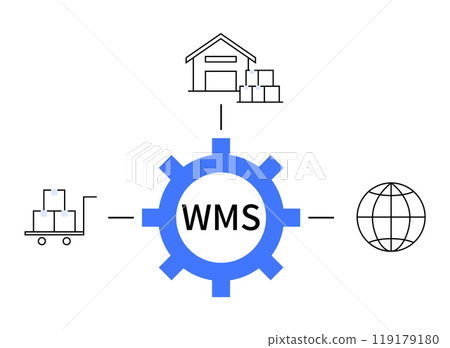 Central gear labeled WMS connecting warehouse, forklift carrying boxes, and globe representing global distribution. Ideal for logistics management, inventory control, supply chain, warehousing Central gear labeled WMS connecting warehouse, forklift carrying boxes, and globe representing global distribution. Ideal for logistics management, inventory control, supply chain, warehousing 119179180