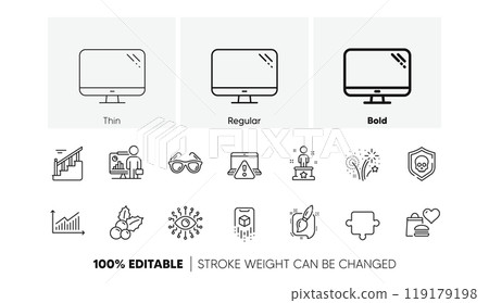 Graph, Fireworks and Food donation line icons. Pack of Computer, Cyber attack, Stairs icon. Online warning, Sunglasses, Augmented reality pictogram. Teacher, Puzzle, Success. Line icons. Vector Graph, Fireworks and Food donation line icons. Pack of Computer, Cyber attack, Stairs icon. Online warning, Sunglasses, Augmented reality pictogram. Teacher, Puzzle, Success. Line icons. Vector 119179198